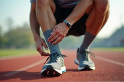 Coureur examinant la semelle usée de sa chaussure de running pour détecter une pronation excessive sur une piste d'athlétisme
