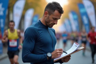 Coureur masculin consultant un tableau d'allures avant le départ d'un semi-marathon