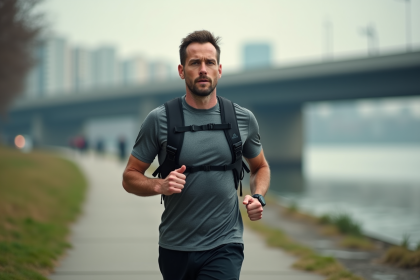 Coureur homme en pleine course sur un chemin urbain au bord de la rivière