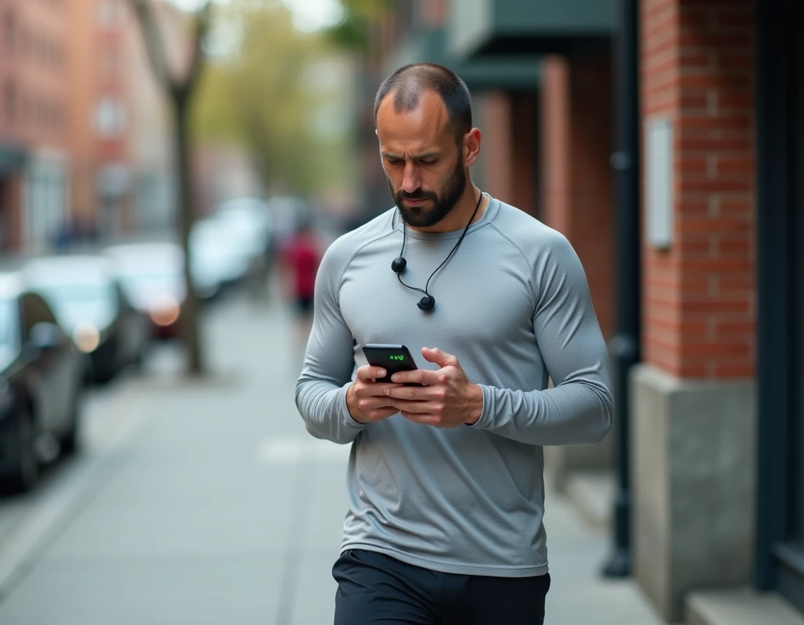 Coureur masculin vérifiant son application de course sur smartphone affichant l'allure en minutes par kilomètre après une séance de jogging urbain