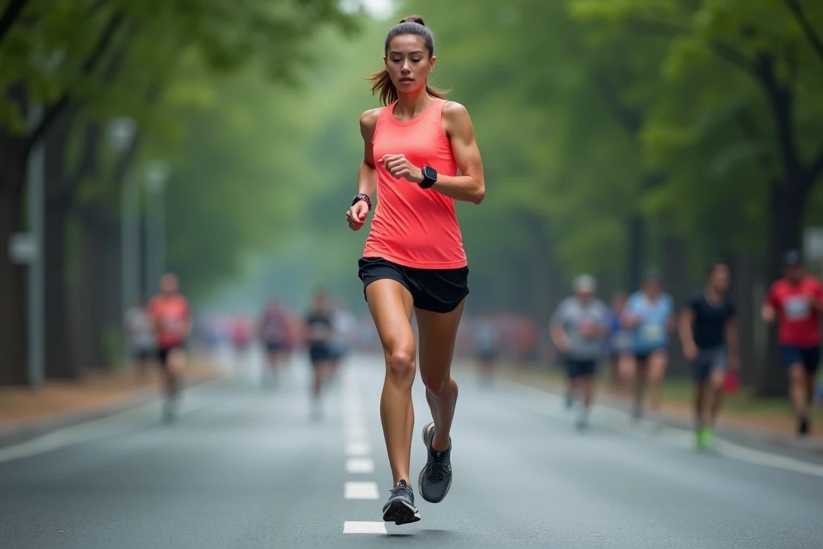 Coureuse vérifiant son allure sur sa montre GPS durant un semi-marathon en ville