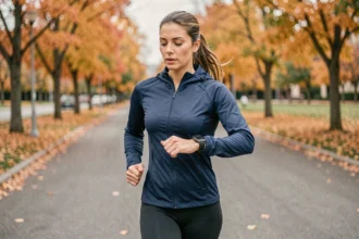 Coureuse débutante consultant sa montre GPS pour vérifier son allure en minutes par kilomètre lors d'un jogging en parc
