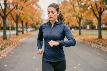 Coureuse débutante consultant sa montre GPS pour vérifier son allure en minutes par kilomètre lors d'un jogging en parc