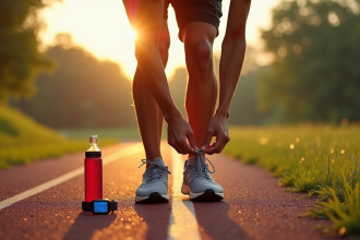 Courseur attachant ses chaussures sur une piste en plein air