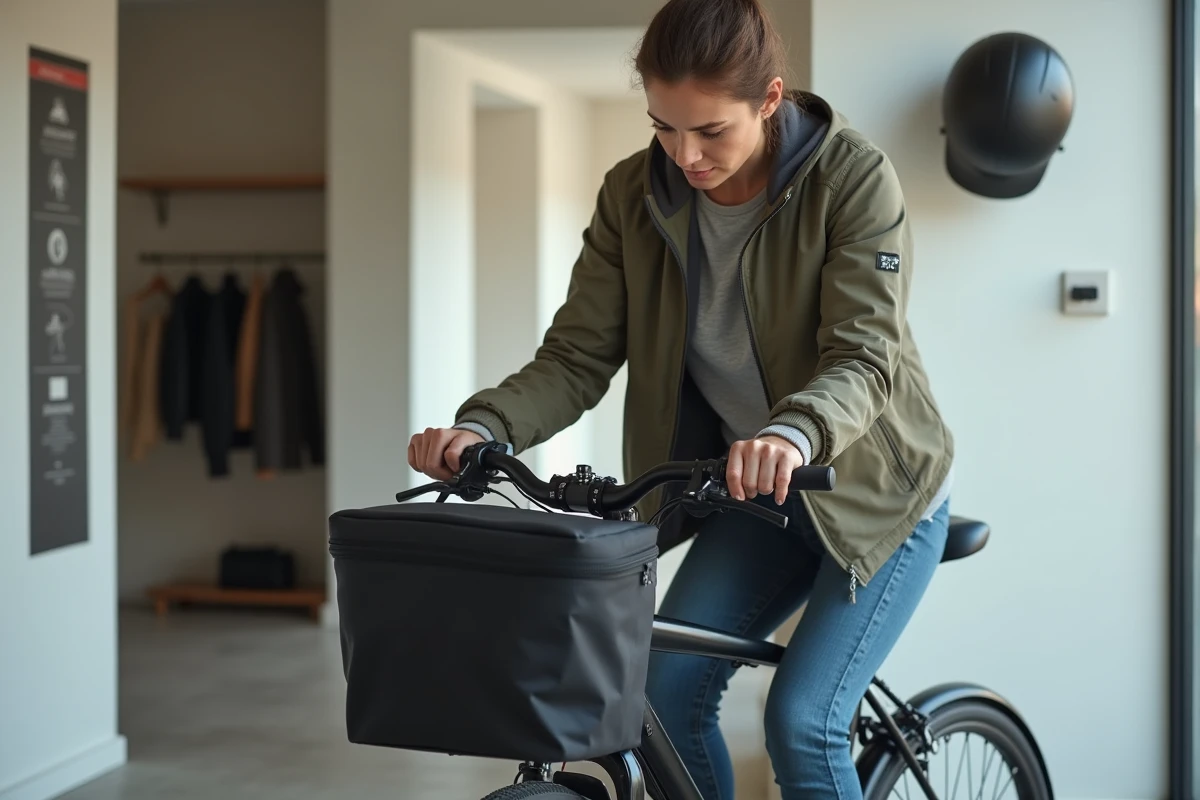 Cycliste urbaine attachant un panier vélo professionnel noir à son vélo de ville dans un couloir d'appartement moderne