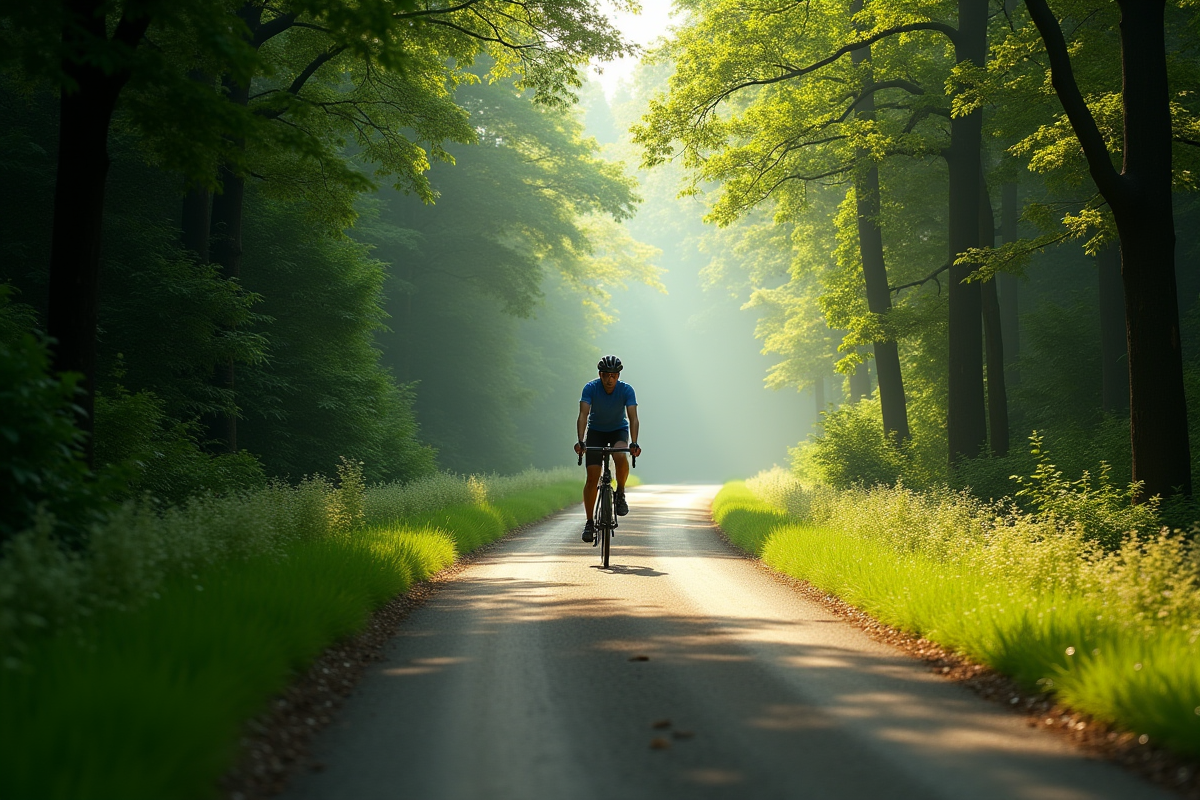 Coureur seul en vélo dans une forêt au matin avec lumière douce