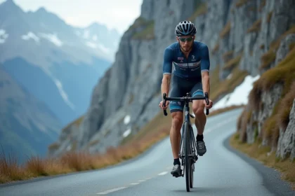 Coureur cycliste professionnel gravissant un col alpin escarpé sous un ciel nuageux, vue dynamique en pleine ascension