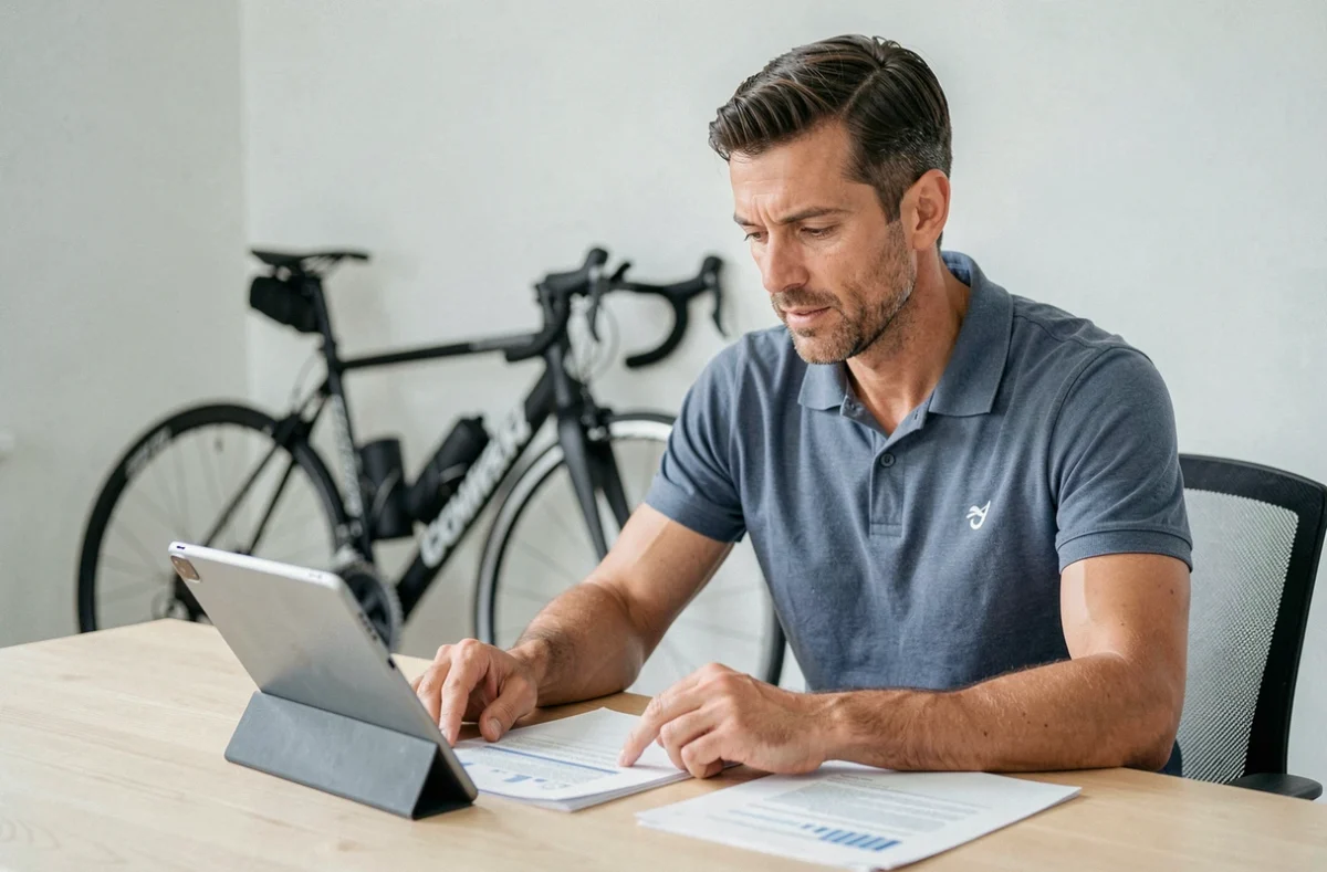 Coureur cycliste professionnel en polo d'équipe assis à un bureau consultant des documents et une tablette, symbolisant la recherche d'un nouveau contrat pour la saison 2026