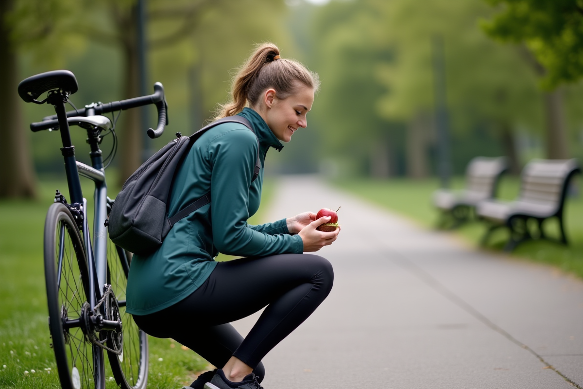 Femme cycliste déballant un repas dans un parc urbain