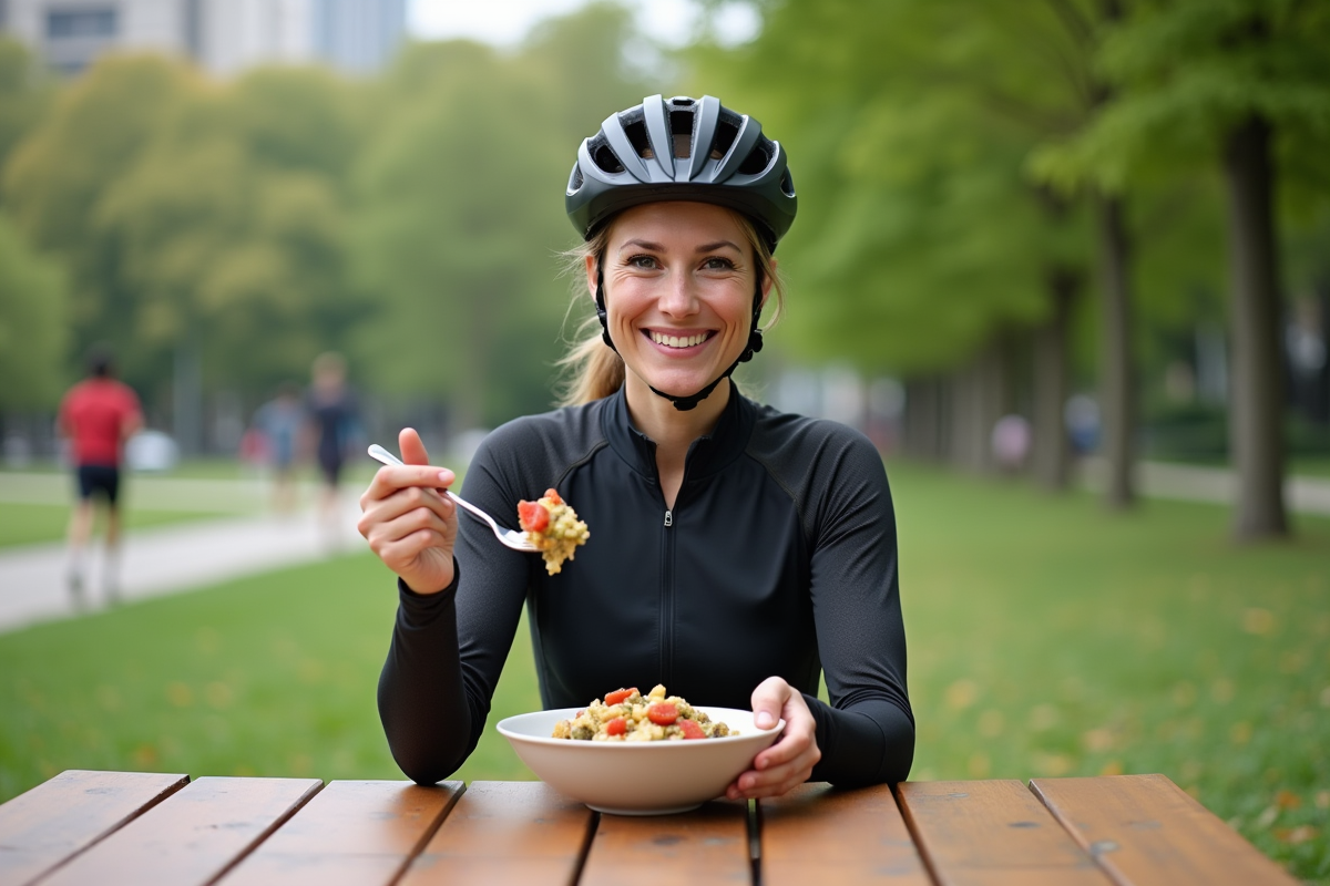 Femme cycliste dégustant un bol vegan en plein air dans un parc