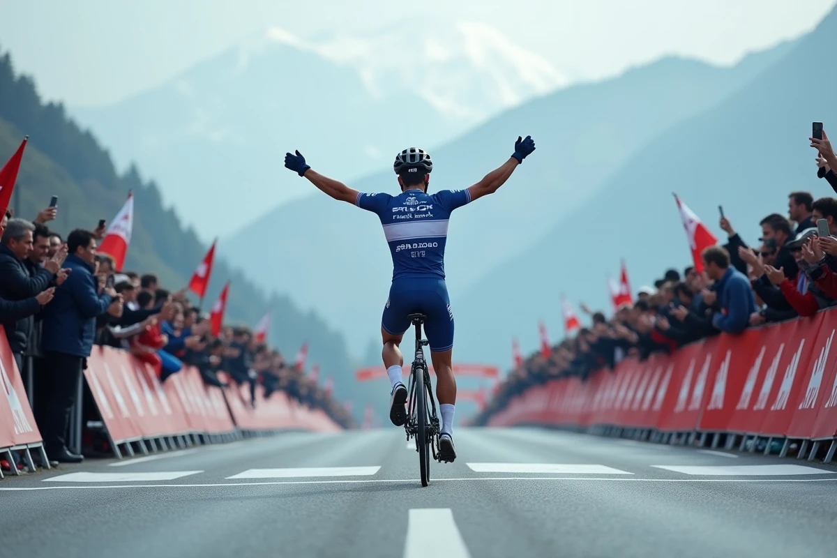 Cycliste discret franchissant la ligne d'arrivée au sommet d'un col avec une victoire sobre devant une foule en liesse