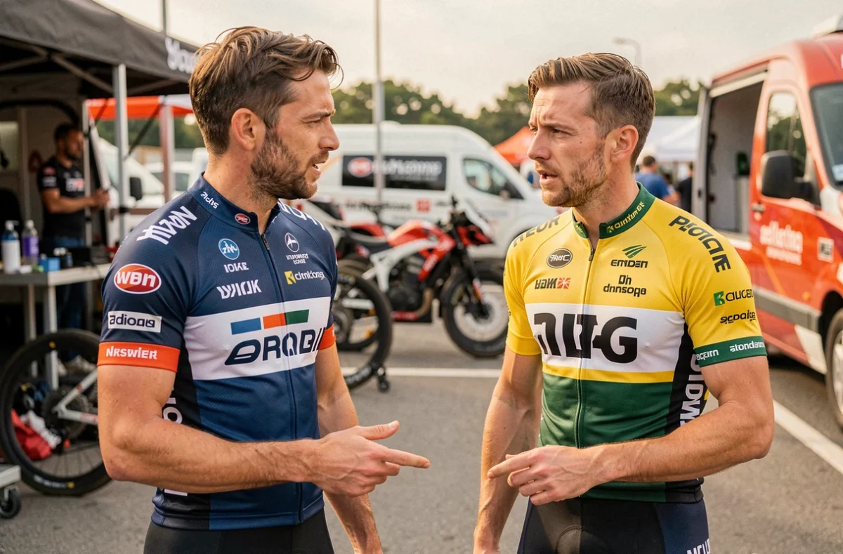 Deux coureurs cyclistes professionnels en discussion dans les paddocks d'une course, évoquant les négociations de transfert et les fins de contrat dans le peloton 2026