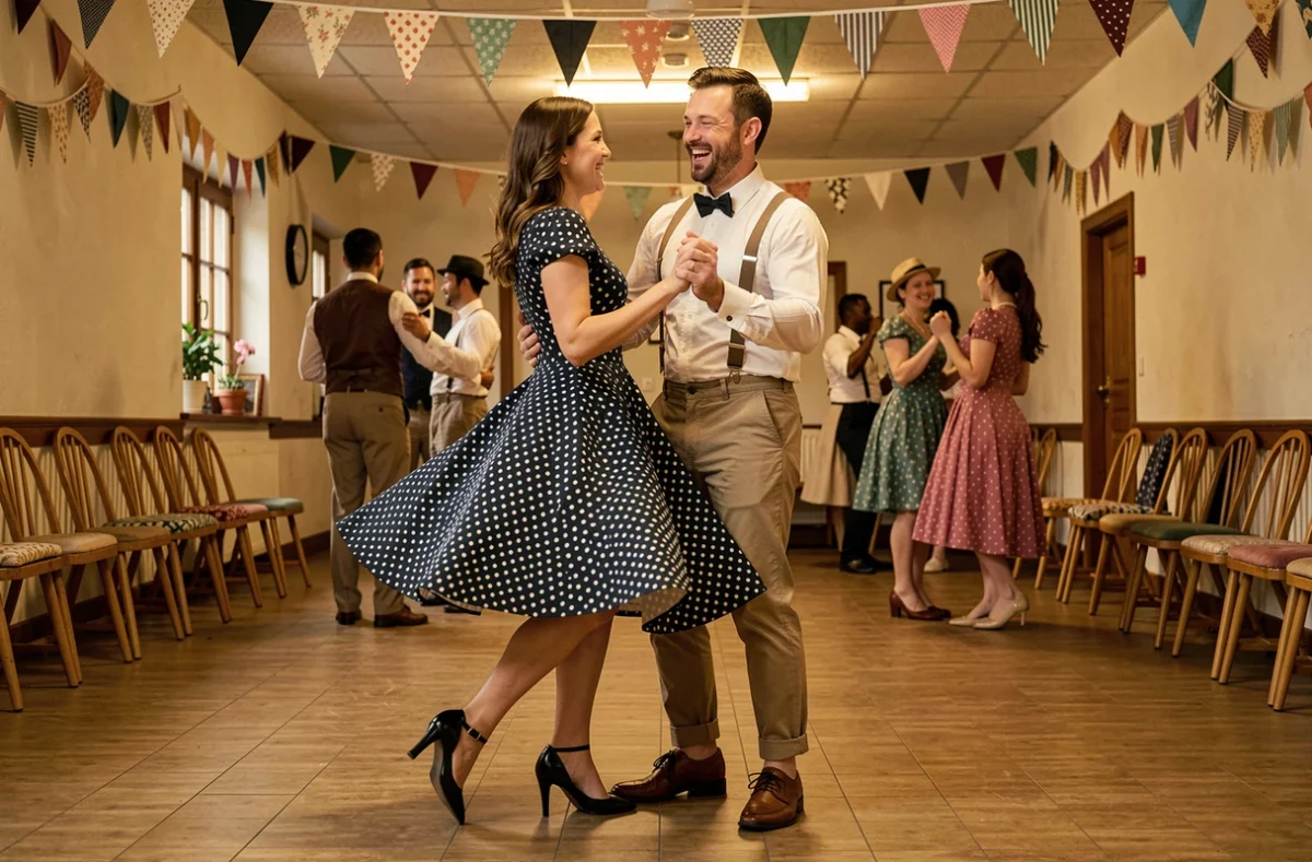Couple de danseurs swing en plein lindy hop au Dance Swing Club de Niederhausbergen, avec la robe vintage de la danseuse qui virevolte