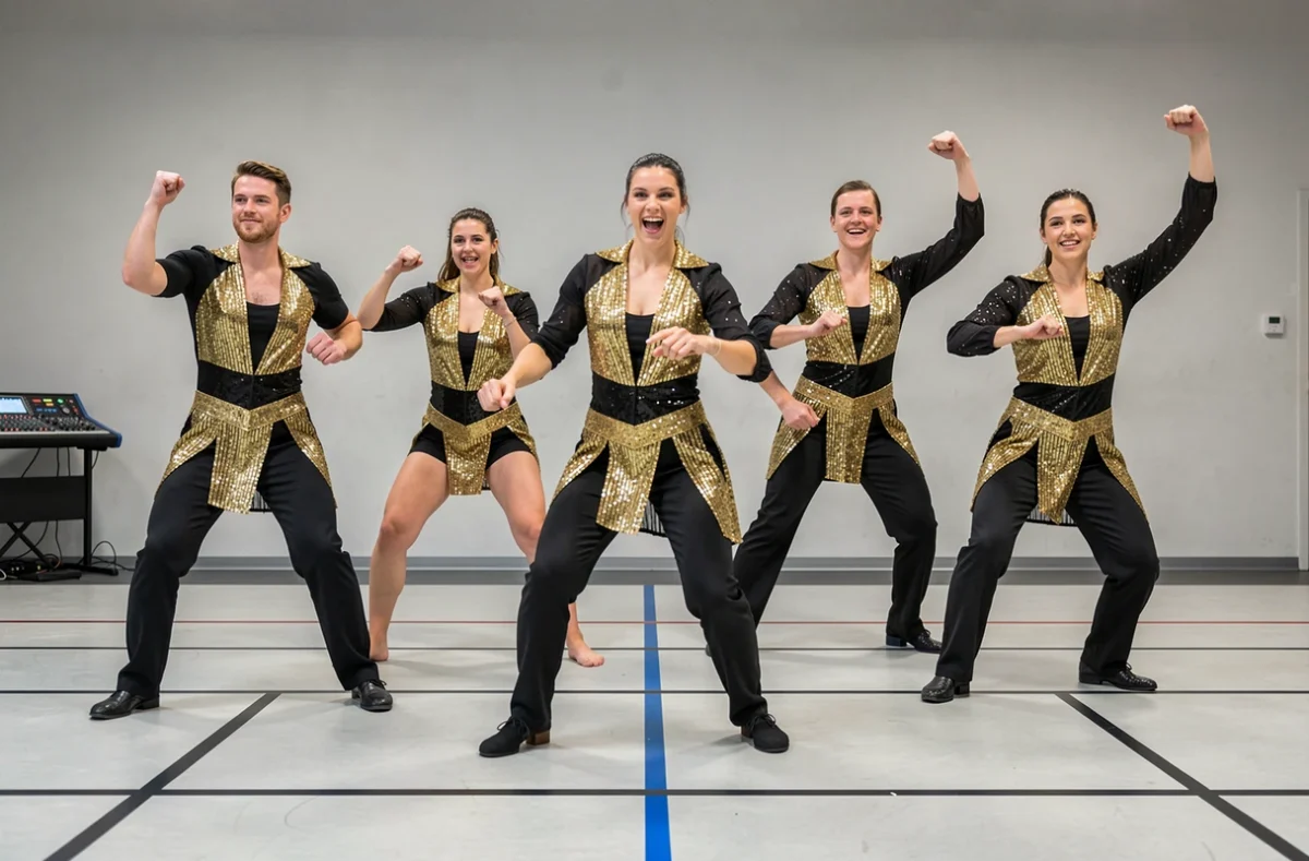 Groupe de danseurs de l'association Dancershow57 à Metz en formation synchronisée dans leurs costumes de scène noirs et dorés