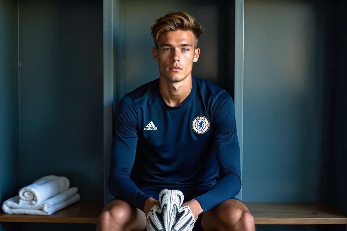 Jeune défenseur du centre de formation PSG dans le vestiaire en tenue d'entraînement avant une séance