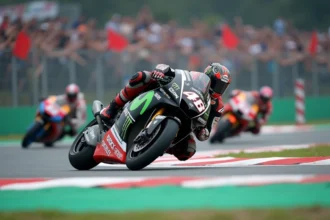 Deux pilotes MotoGP en duel intense dans un virage lors d'un Grand Prix sur circuit international