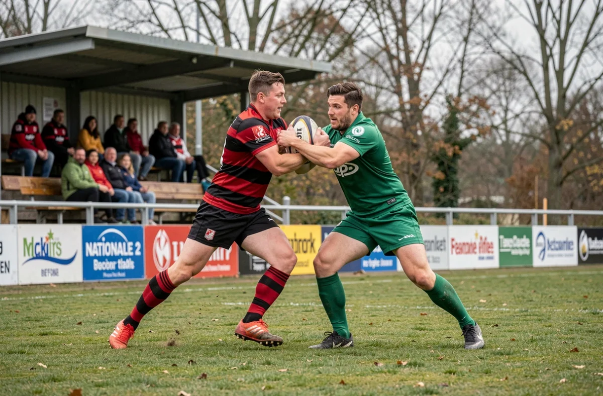 Duel en touche entre deux équipes lors d'un match de rugby Nationale 2 Poule 1 en France