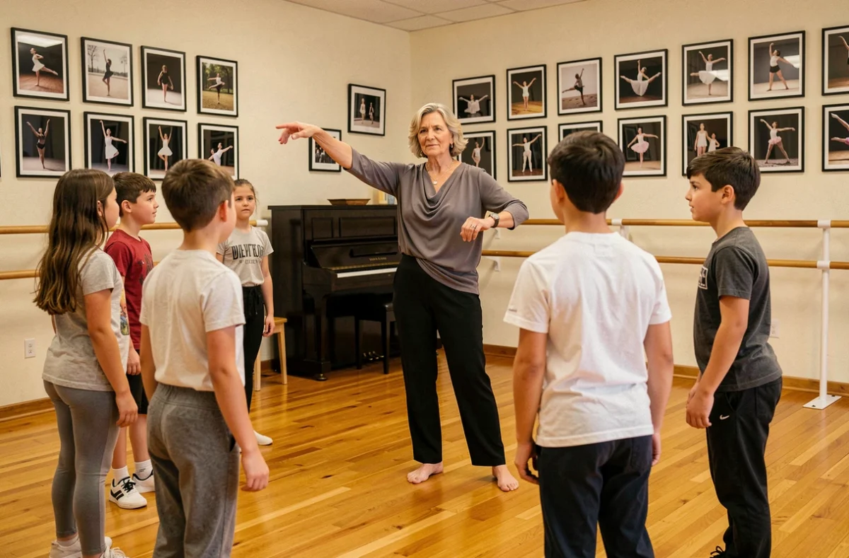 Professeure démontrant un mouvement contemporain à l'École de danse Marie-Thérèse Gavino