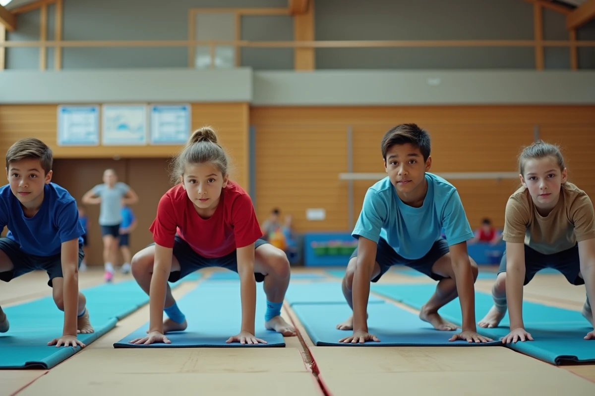 Groupe d'élèves réalisant un exercice de gymnastique à différents niveaux de compétence en EPS
