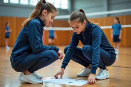 Enseignante d'EPS accompagnant un élève avec une fiche de niveaux d'exigence en gymnase scolaire