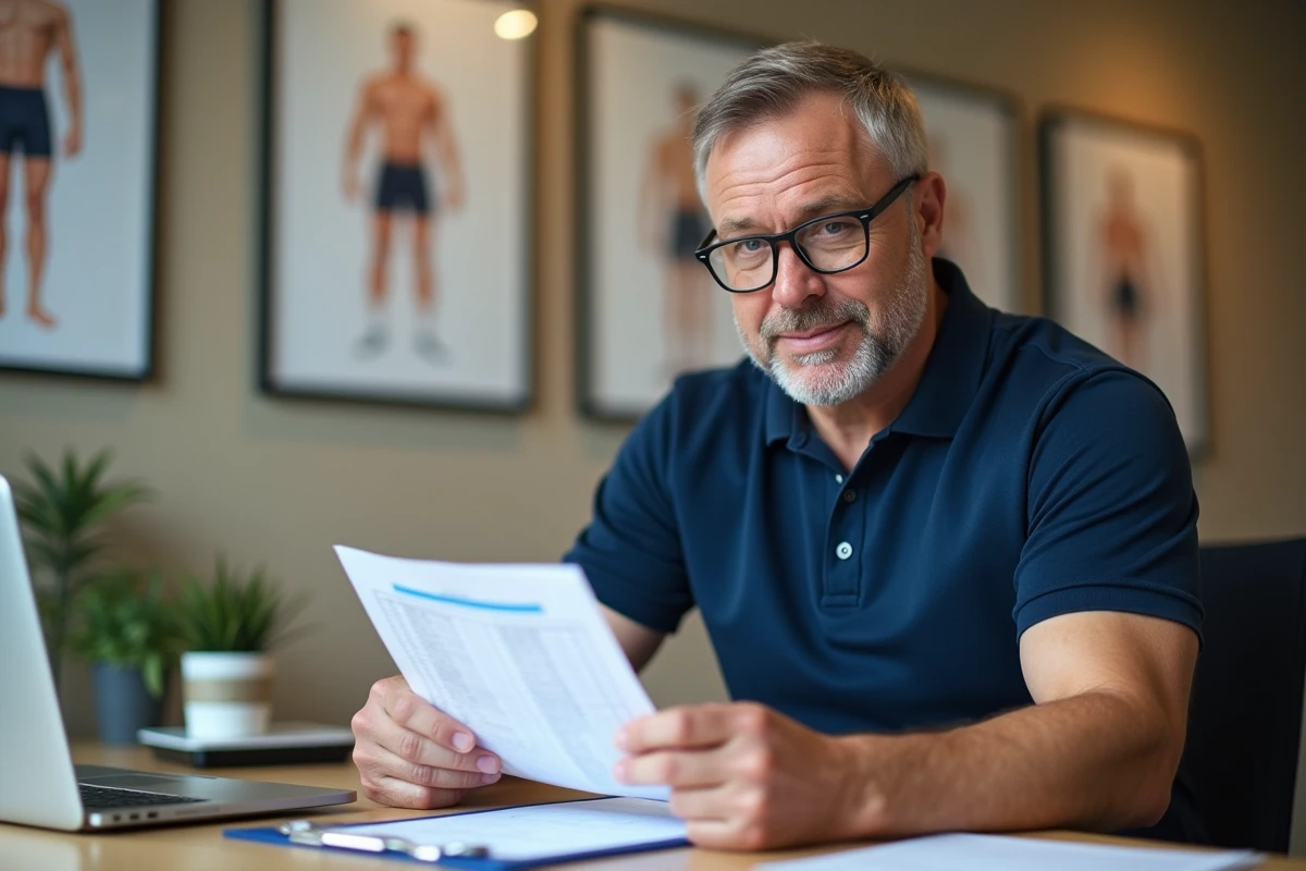 Entraîneur sportif professionnel consultant un tableau de mesures corporelles en unités américaines et européennes dans un bureau médical