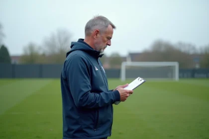 Entraîneur de football en Vendée consultant son tableau tactique sur le terrain avant une séance d'entraînement de club
