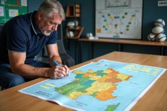 Entraîneur de rugby étudiant une carte des divisions territoriales de France sur une table en bois avec annotations