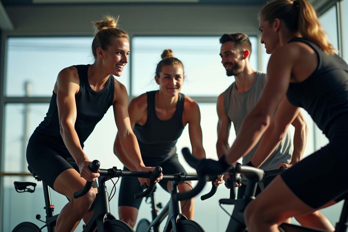 Entraînement en salle avec vélo électrique Bosch et athlètes