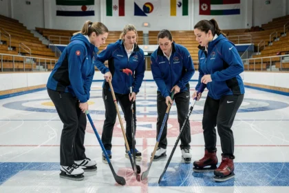 Équipe de curling mixte en plein match sur une piste de glace professionnelle avec les cercles de la maison visibles en arrière-plan