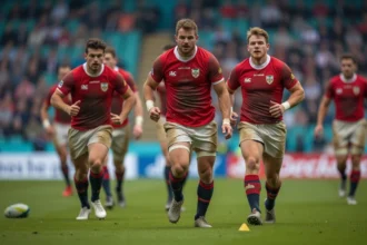 Jeu de rugby avec joueurs en mêlée sur le terrain boueux