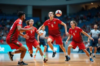 Jeunes joueurs de handball en action lors d'un match intense