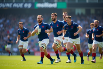 Joueurs de rugby à sept français en action sur le terrain