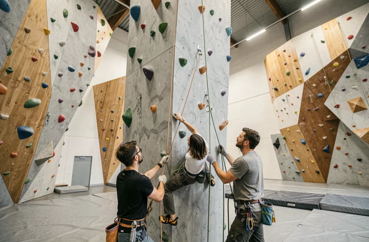 Groupe de grimpeurs en falaise et en bloc à l'Espace Vertical de Chambéry
