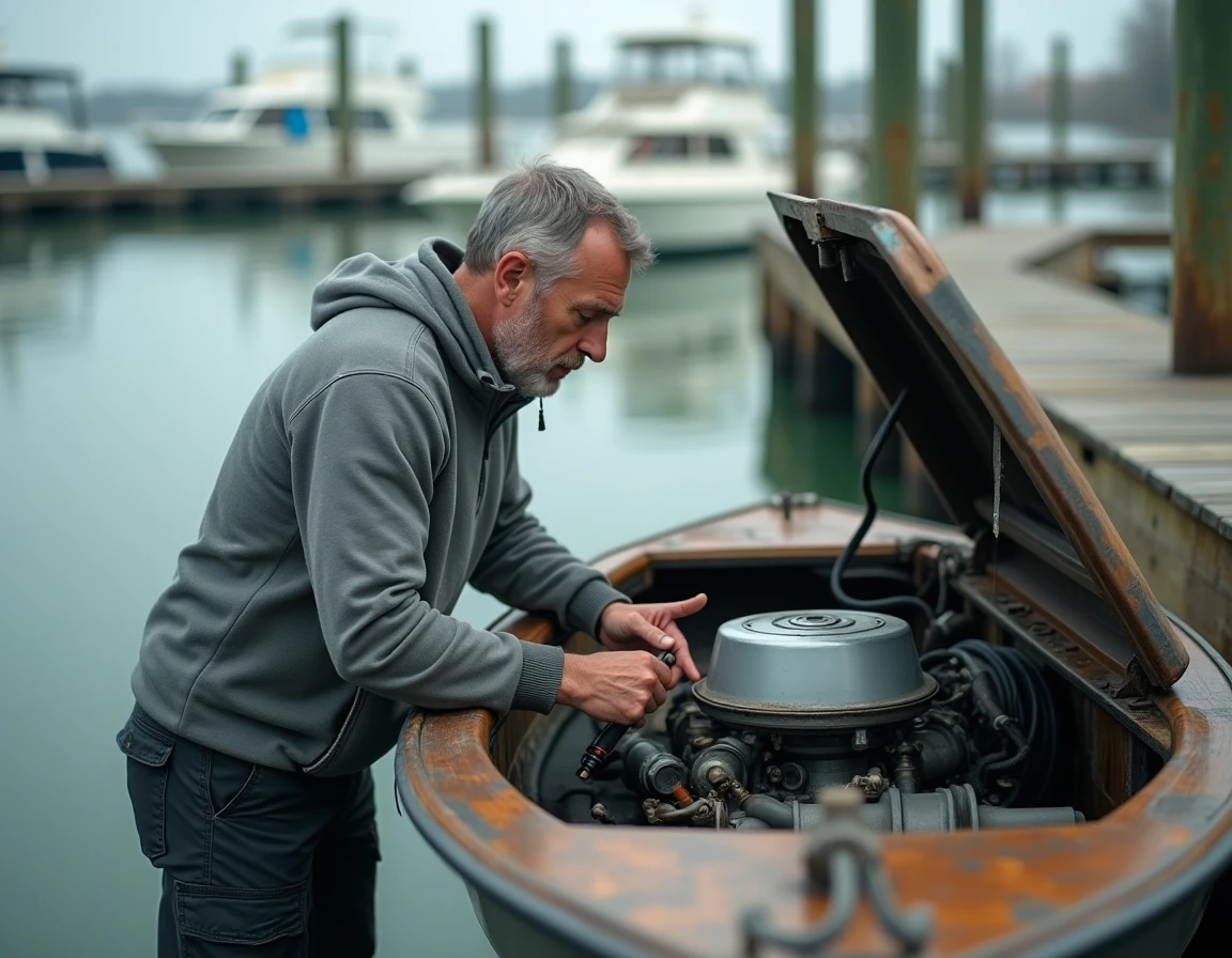 Homme examinant le moteur d'un bateau d'occasion amarré dans une marina fluviale
