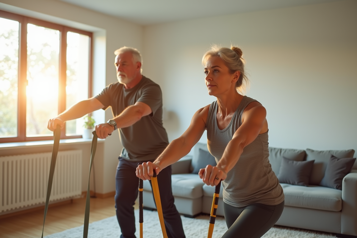 Homme et femme faisant des exercices avec bandes de resistance dans un salon lumineux