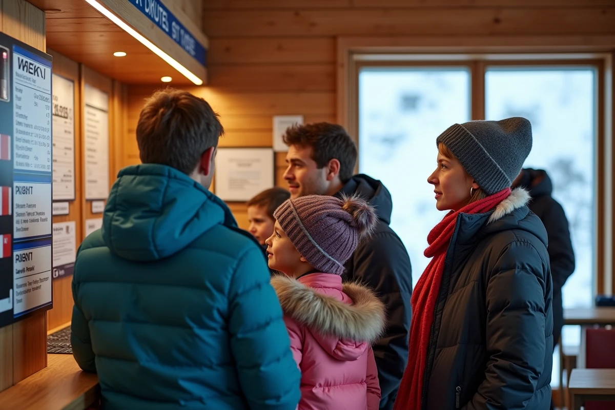 Famille achetant des forfaits ski semaine au guichet de la station des Sept Laux