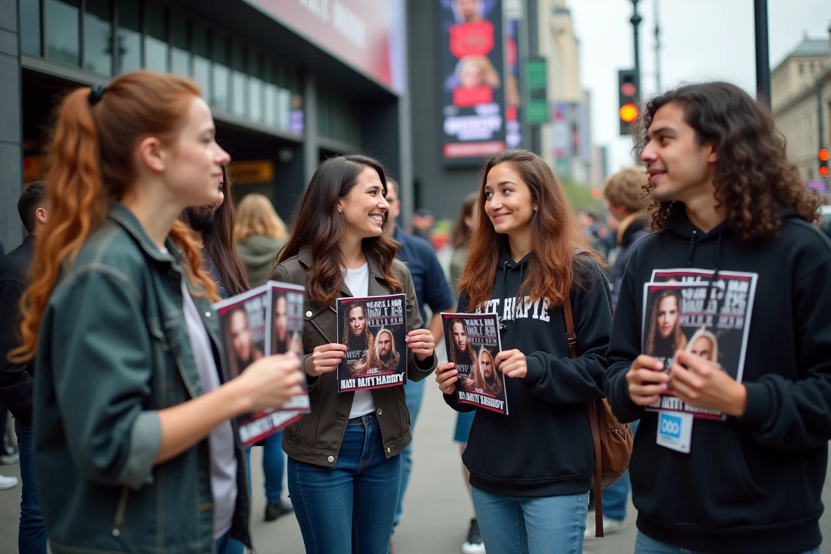Fans de catch discutant devant une arena moderne