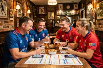 Fans de rugby réunis dans un pub français autour du calendrier du Tournoi des 6 Nations 2026