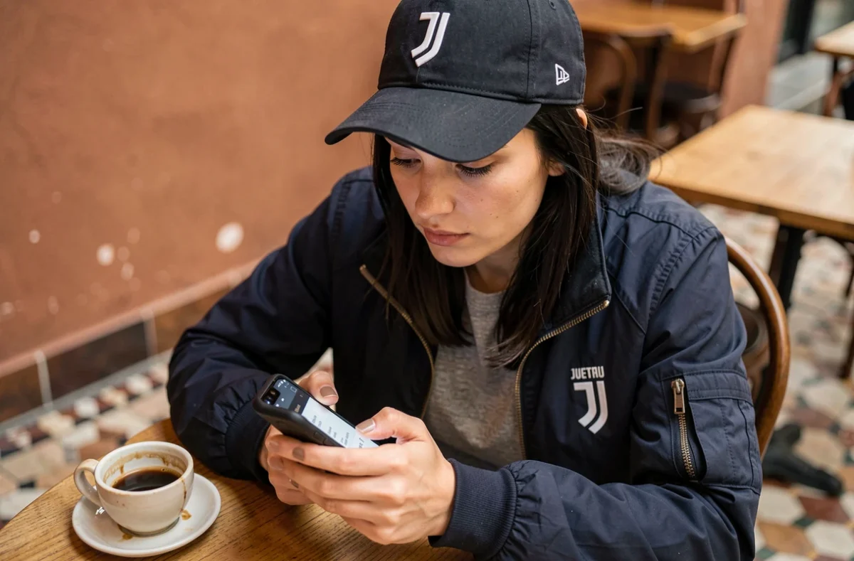 Femme recherchant des billets Juventus FC sur son smartphone dans un café à Turin