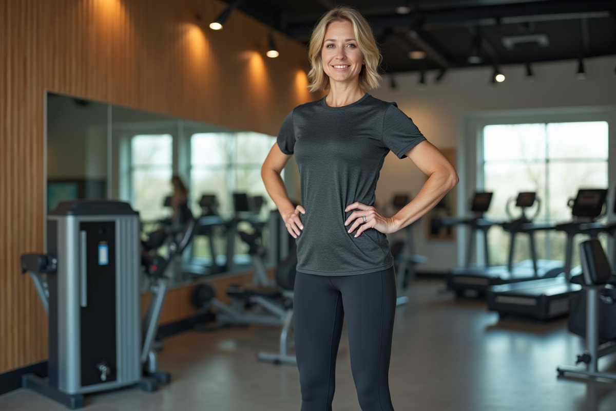 Femme sportive sur plateforme vibrante dans une salle moderne