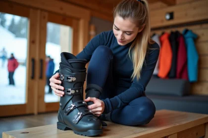 Femme ajustant ses chaussures de ski isolées dans un chalet de montagne, vue en plan trois quarts