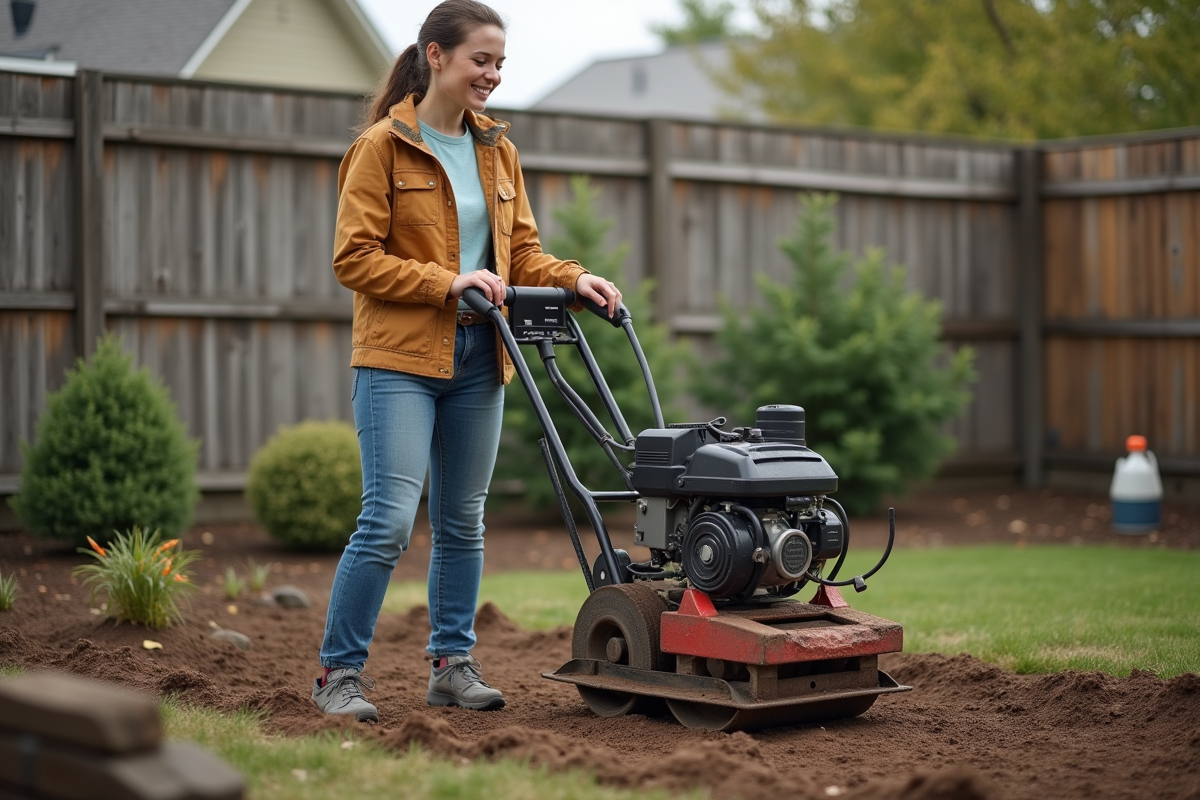 Jeune femme inspectant le sol compacté dans un jardin