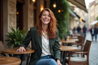 Femme confiante assise dans un café européen en plein air