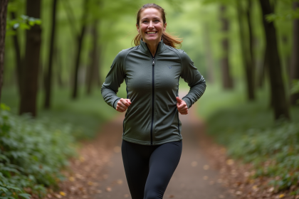 Femme sportive courant en forêt lors d'une course