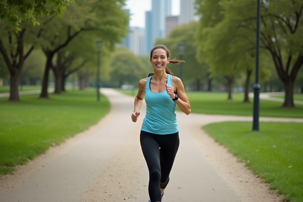 Femme sportive courant dans un parc verdoyant