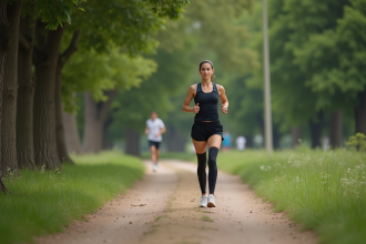 Femme en course dans un parc verdoyant et ombrage