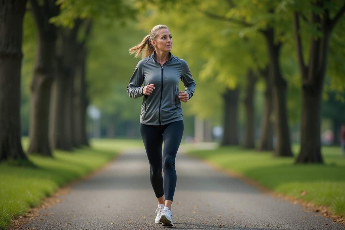 Femme en tenue de sport pause dans un parc au matin