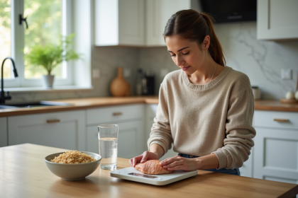 Femme pesant du poulet dans une cuisine moderne