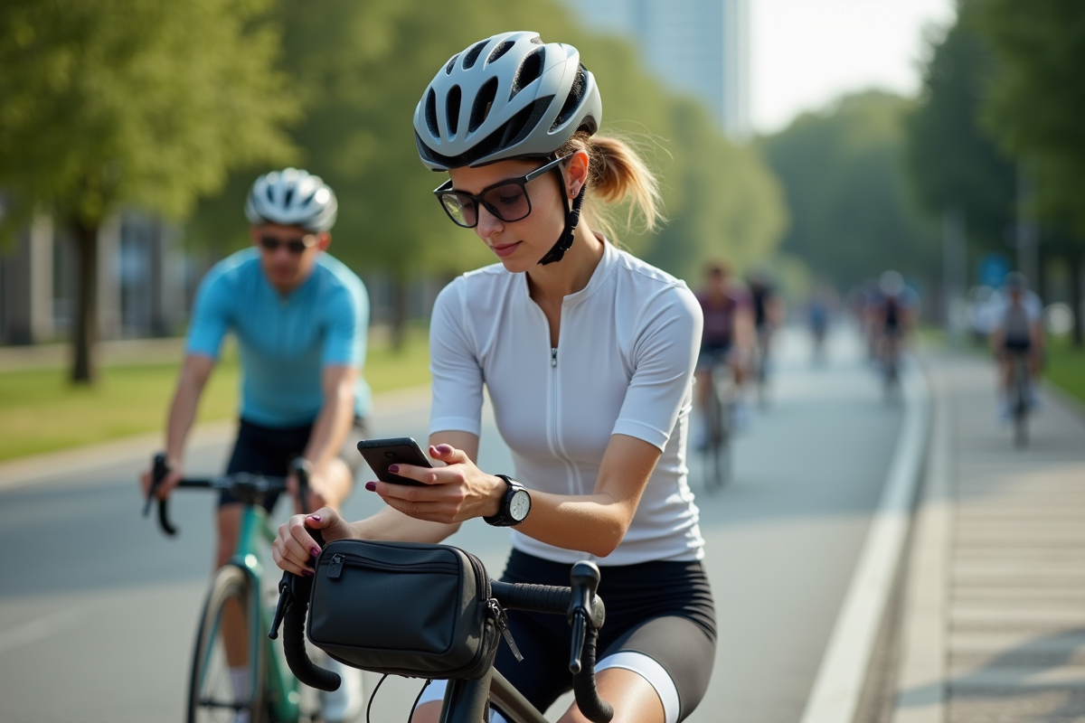 Femme cycliste urbaine avec smartphone et sacoche vélo