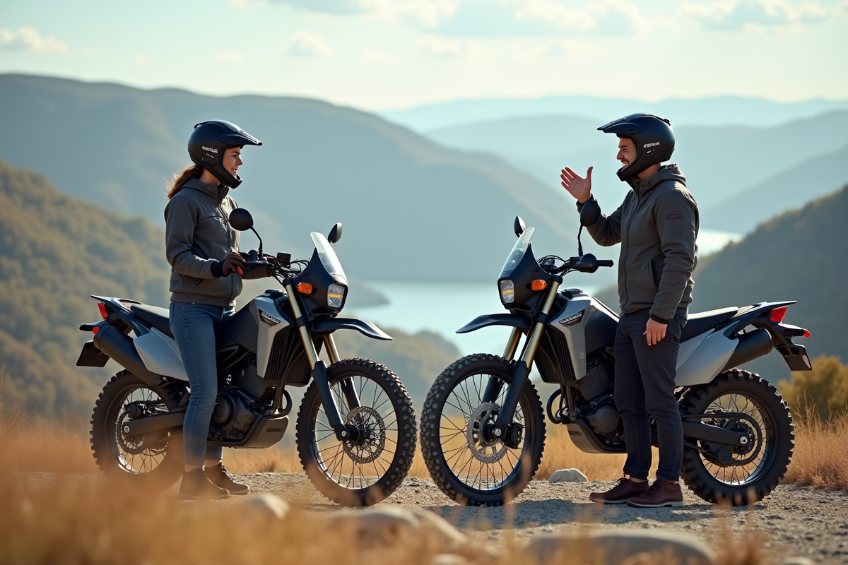 Femme et homme discutant de motos en paysage naturel